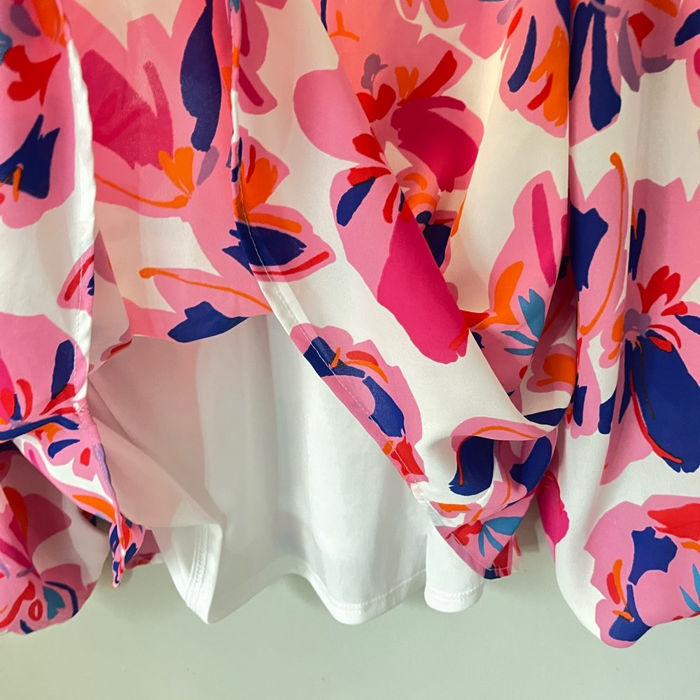 Adrienne Vibrant Floral V-Neck Blouse - Pink and Blue - Picture 5 of 6